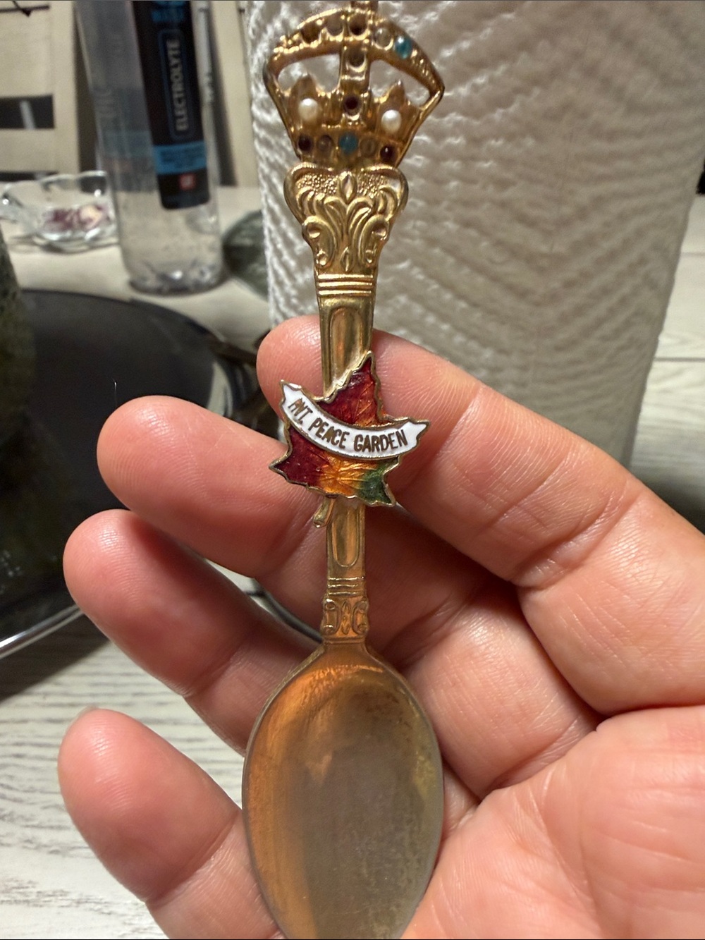 Decorative Gold Tone Mt. Peace Garden Souvenir Spoon - Red & Green Enamel